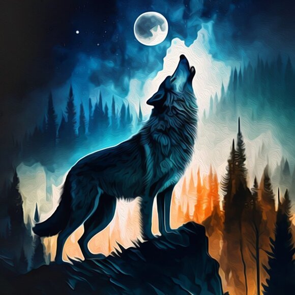 8x8 Wolf Howling at‎ the Moon Midnight Watercolor Oil Painting Art Print - Picture 2 of 6